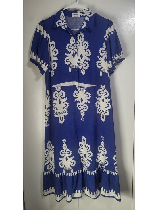 Kindred Dresses & Skirts - Kindred Womens Small Blue White Midi Dress Boho Abstract Print Ruffle Hem